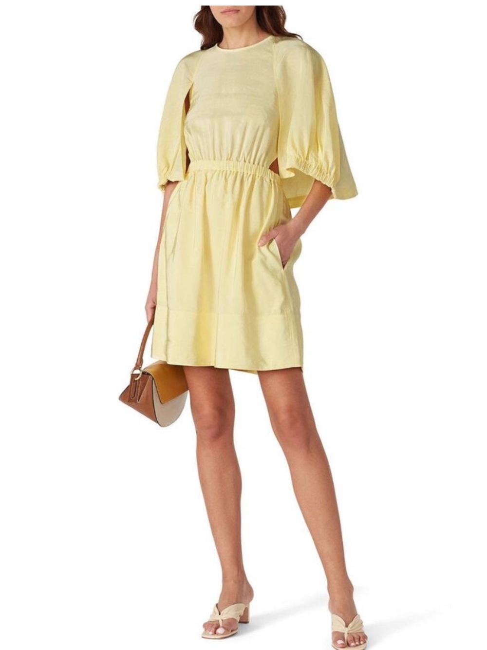 Tibi Gemma Linen Silk Yellow Cape Statement Sleeves Mini Dress Size 2